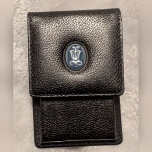 Lladro Black Faux Leather Key & Card Holder with Blue Porcelain Floral Accent